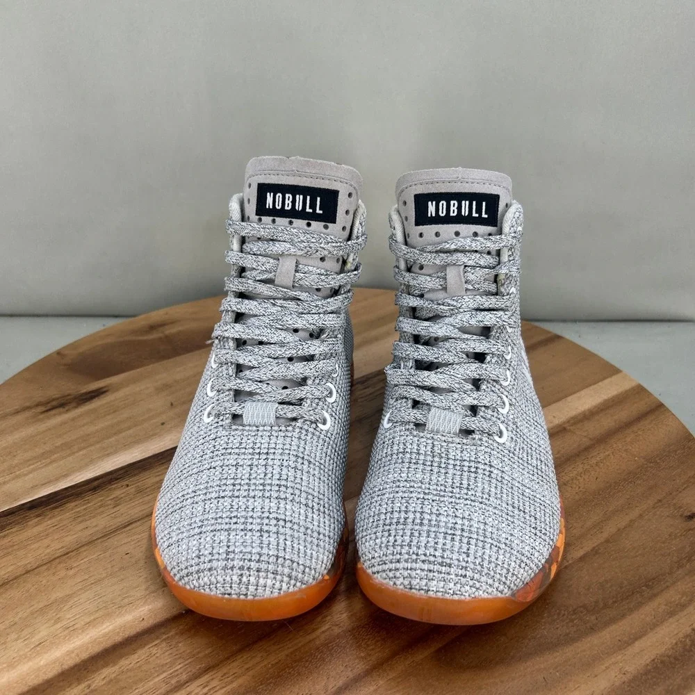 NOBULL High Top Trainer Grey Knit Orange Gum Sole Womens Size 7 Sneakers